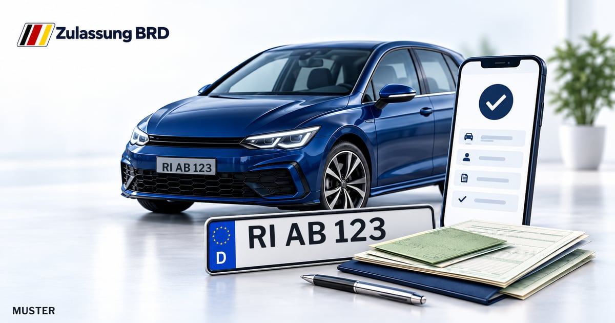 Online Fahrzeugzulassung in Stadthagen: Musterkennzeichen RI AB 123, Auto und Fahrzeugpapiere und Smartphone. Illustration mit Logo von Zulassung BRD.